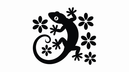 Obraz premium Striking black vector illustration of a stylized gecko lizard with charming floral accents and a curled tail