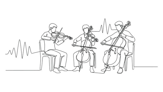 Continuous line drawing of musicians playing instruments.