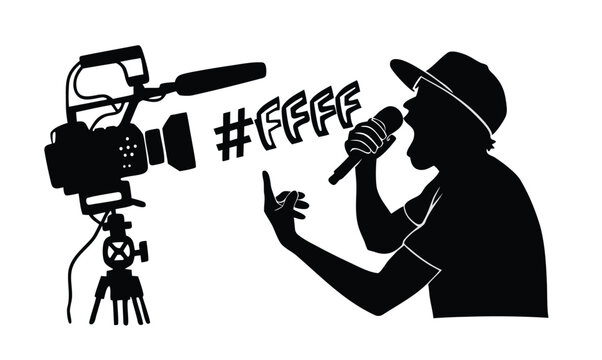Dynamic silhouette of a passionate content creator wearing a hat energetically speaking into a microphone towards a professional video camera conveying strong emotion

