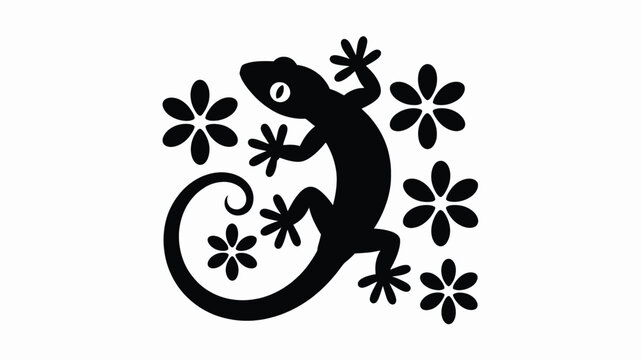 Striking black vector illustration of a stylized gecko lizard with charming floral accents and a curled tail