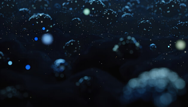 Microcosm: A captivating and serene portrayal of abstract elements floating and clustering within a dark, nebulous backdrop, reminiscent of the cosmos or microscopic structures.