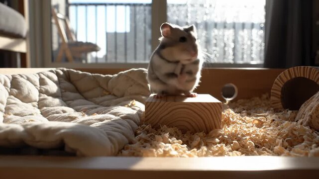 Adorable Dwarf Hamster Waking Up and Standing on a Wooden Block in a Sunny Pet Enclosure