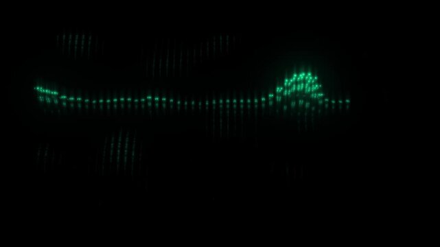 Sound Wave Visualization: An abstract visualization of sound waves, rendered in glowing green digital dots against a stark black background, representing audio frequencies and digital data.