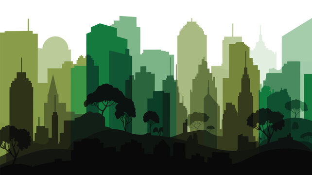 This detailed green cityscape vector graphic illustration displays modern tall skyscraper silhouettes integrated with various organic nature elements like trees and rolling grassy hills landscapes.