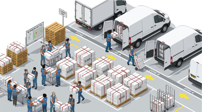 Logistics Warehouse Workers Loading Packages into Delivery Vans and Trucks in a Busy Distribution Center with Pallets and Boxes