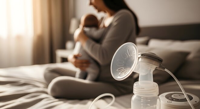 Automatic Breast Pump In Foreground With Mother Holding Baby On Bed