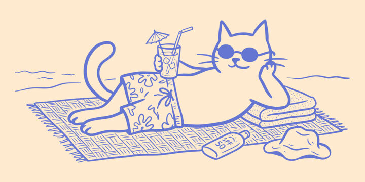 Cute Cat Relaxing on Beach with Tropical Drink Doodle Minimal Line Drawing Vector Illustration
