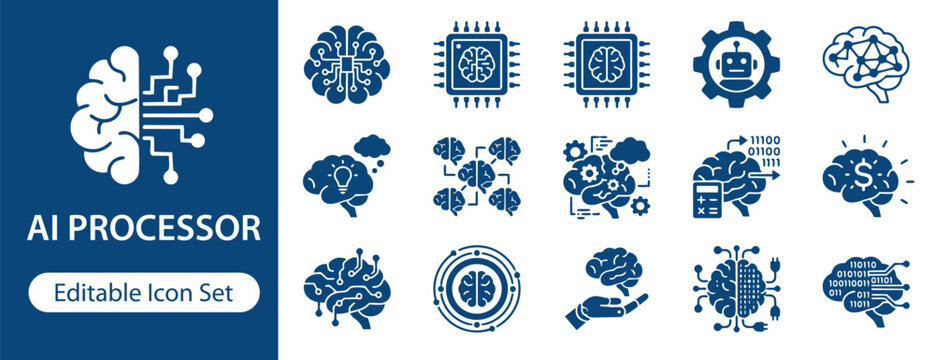 AI Processor Solid Icon Set, Artificial Intelligence Chip and Neural Processing Unit Icons for Machine Learning, Data Processing, Computing Hardware and Technology UI UX Interface