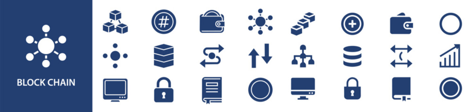 Blockchain Technology Solid Icon Set, Crypto Network and Distributed Ledger Icons for Data Security, Smart Contracts, Digital Transactions, Fintech Systems and Decentralized UI UX Interface
