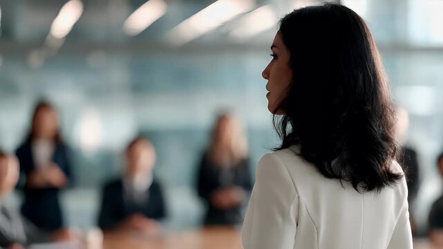 Female diversity. Human rights, equal opportunity concept. A woman with long, wavy black hair is seen from behind, facing away from the camera.