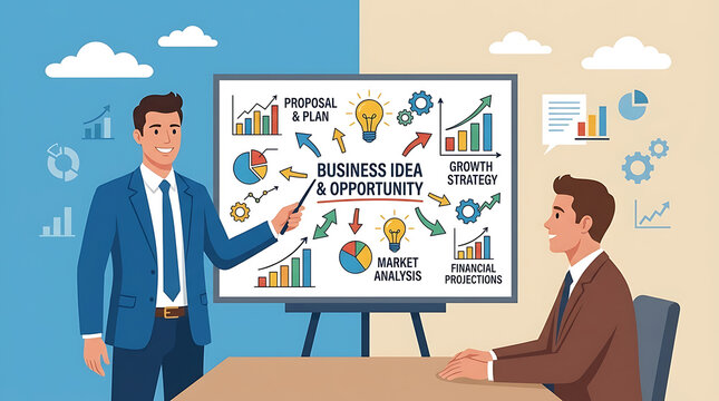 Confident professional businessman delivering an impactful corporate sales pitch and innovative startup proposal to prospective clients during a formal boardroom presentation meeting.