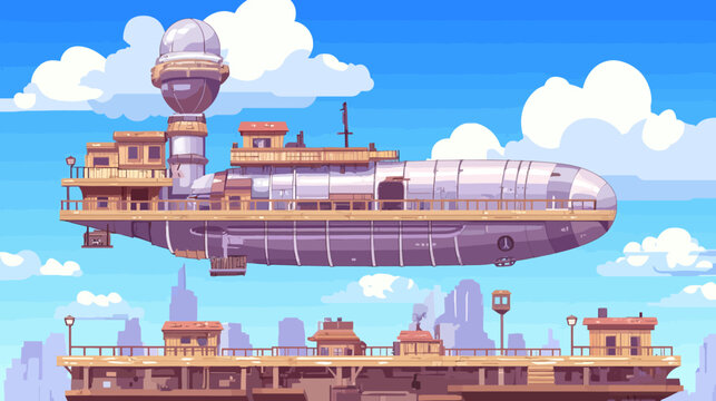 A pixelated airship flies above a platform with buildings, set against a bright blue sky with clouds