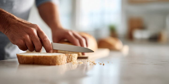 Person slicing bread on kitchen counter