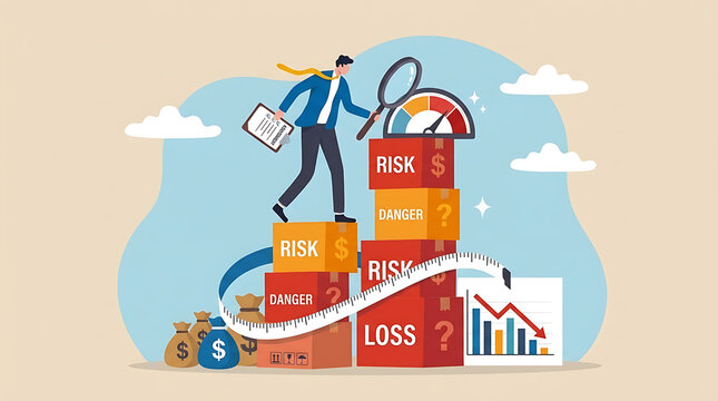 Corporate businessman standing on stacked risk block measuring potential financial danger and investment loss level to effectively control and limit economic hazard in business.