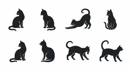 Collection of black cat silhouettes in various poses, showcasing feline elegance and mystery. © Faiz