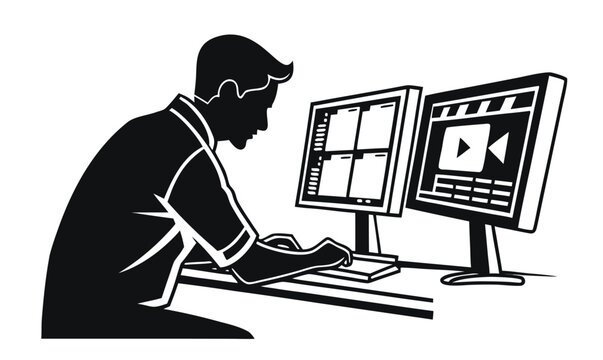 Man's silhouette working on computer screens with video editing software symbolizing digital creation and remote work presented in a stark graphic style with clean lines and high