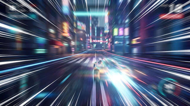 High-speed urban night journey through a vibrant city, dynamic light trails and motion blur capturing the exhilarating rush of a thrilling race
