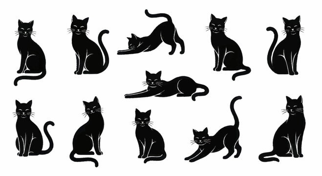Collection of black cats in various poses, showcasing their elegant and mysterious nature.