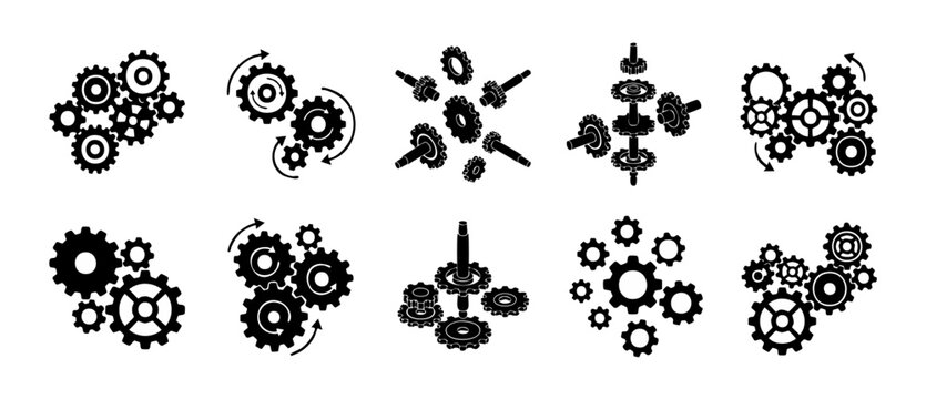 Gear icons set collection black isometric engineering mechanical symbols for technical industrial design and business process optimization strategy, vector illustration of gear wheels and machinery pa