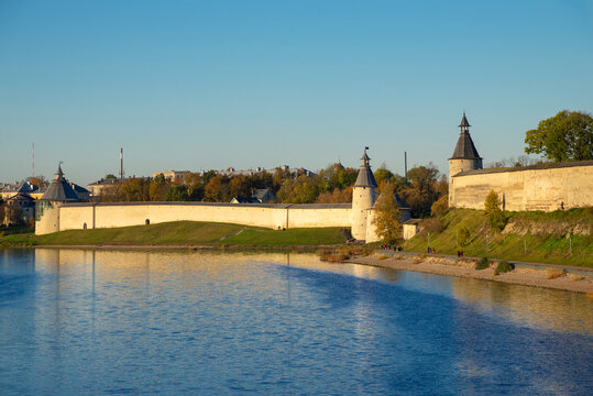 Autumn evening at the walls of the ancient Kremlin. Pskov, Russia