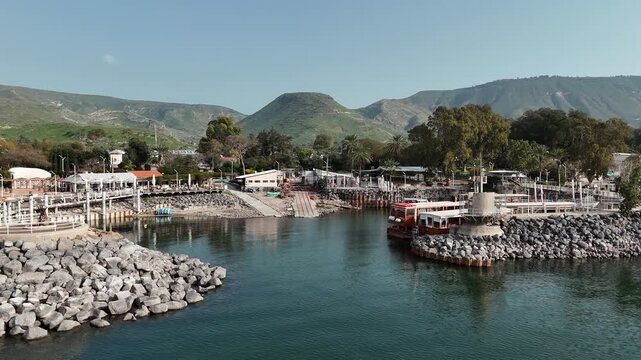 Panoramic Drone View of Ein Gev Harbor and the Golan Heights, Sea of Galilee, Israel