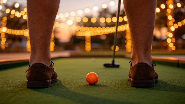 Person playing mini golf at dusk