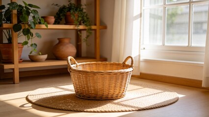 Fototapeta premium Wicker basket on rug by window