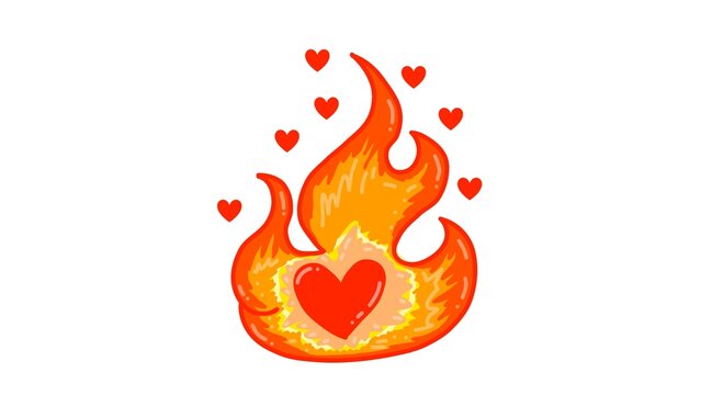 Red heart in burning fire flames. Passionate love and heat concept vector illustration isolated on white.