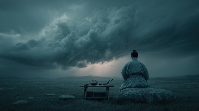 Zen Buddhism, meditation, inner peace, Chinese Japanese Asian tradition. Therapy stress release treatment, health lifestyle. A man in a kimono seated on a rock, gazing into a stormy sky.