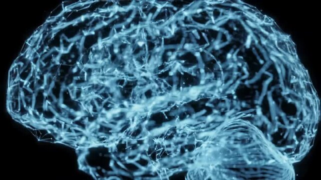 A high-fidelity 3D holographic human brain, constructed from glowing cerulean blue data lines and luminous particles, pulsates in a black void with bokeh. AI neural network concept