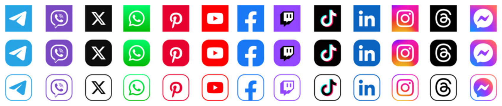 Facebook, instagram, x, youtube, pinterest, viber, whatsapp, telegram. Editorial vector 2026.