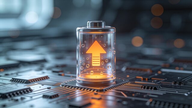 Battery on circuit board with glowing icon