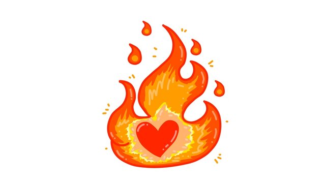 Red heart on fire illustration. Burning passion and flaming love concept vector isolated on white.