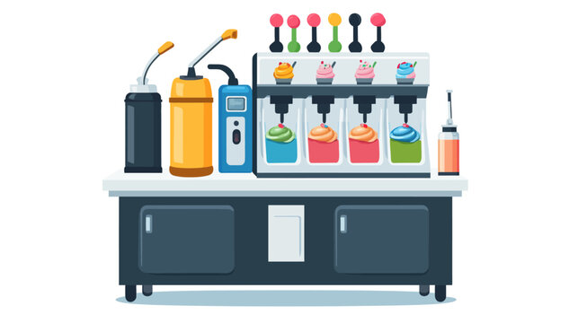 A cartoon illustration of a slushie machine with dispensers and colorful toppings