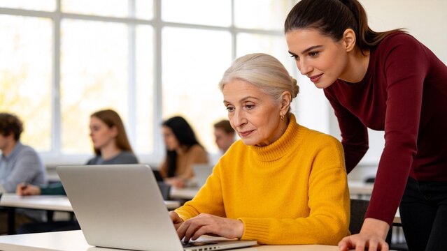 Two women using laptop in classroom
