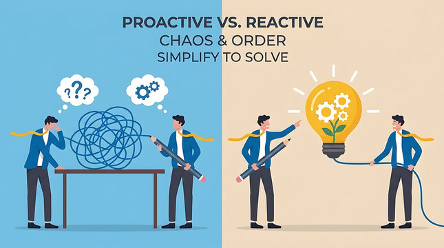 Collaborative professional team transforming messy conceptual scribbles into organized linear structures depicting strategic proactive thinking and creative problem solving for business success.