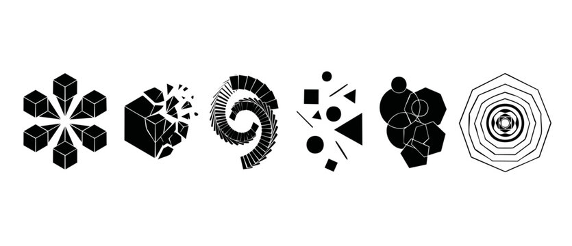 Abstract Geometric Shapes Set Black and White Minimalist Icons Collection Featuring Isometric Cubes Spiral Vortex Spheres and Polygonal Structures for Modern Graphic Design and Digital Branding Layout