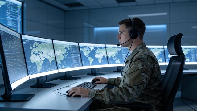 Soldier in control room with multiple monitors