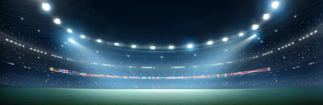 Stadium with National Flags at night. An imaginary stadium is modelled and rendered.
