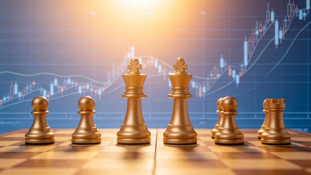 Golden chess pieces on board with financial chart