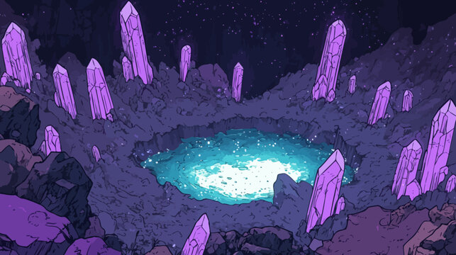 Pixelated artwork of a glowing cavern with purple crystals and a shimmering pool of light
