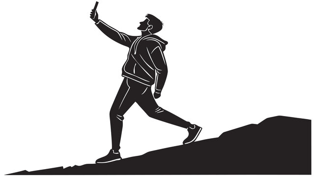Dynamic silhouette of a young man in athletic wear capturing a selfie with a smartphone while confidently striding up a steep rocky incline against a stark white background