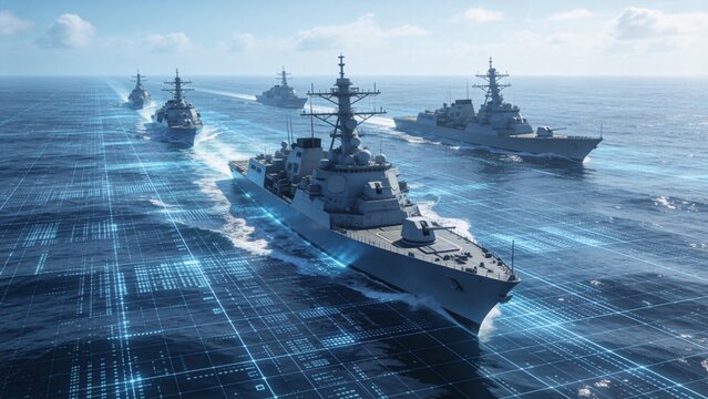 Fleet of warships sailing in formation