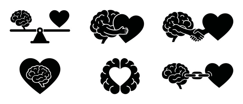 Brain and Heart Icon Set, Emotional Intelligence and Logic Balance Symbols, Mental Health and Relationship Concepts in Minimalist Black Flat Graphic Style for Psychology and Wellness Illustration