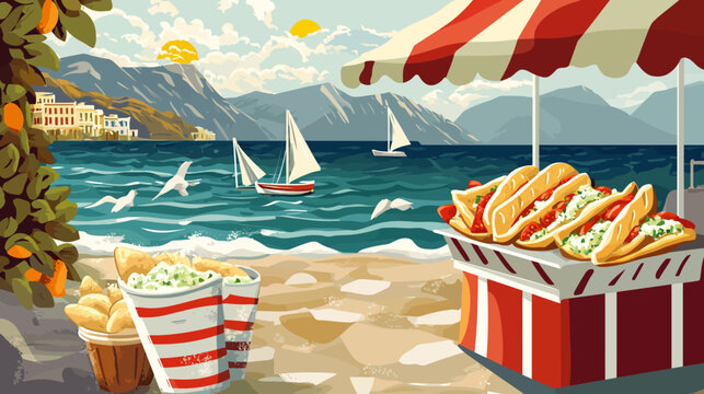A seaside scene with food, beach, sailboats, and a building on the coast. Seagulls soar in the sky