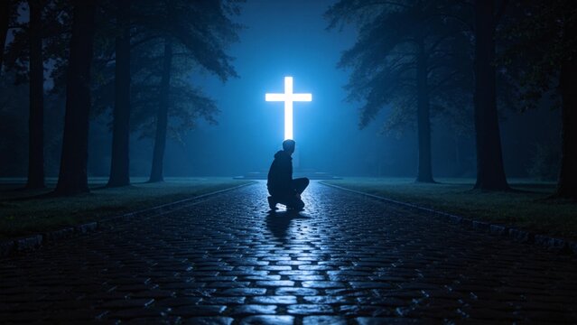 Person kneeling before glowing cross