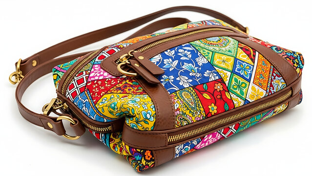 ladies leather vanity bag with colorful patchwork design on white background high-quality professional detailed modern elegant stylish clean crisp vibrant