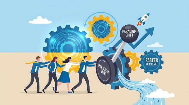 Successful business team hands pushing manual transmission gear stick for paradigm shift corporate growth and technological transformation with strategic speed control concept