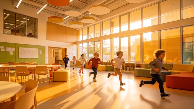 Children running in a bright indoor space