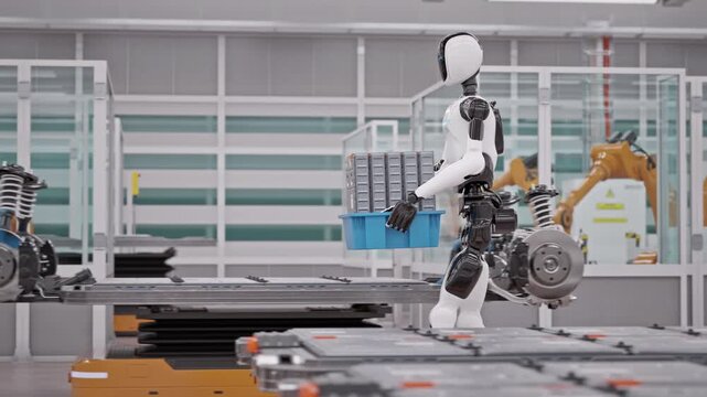 Parallel Tracking Shot of an AI-powered Humanoid Robots Walking and Carrying Crates with Lithium-Ion Battery Modules in a Fully Automated Car Factory with AGVs and Robotic Arms. 3d Animation Render